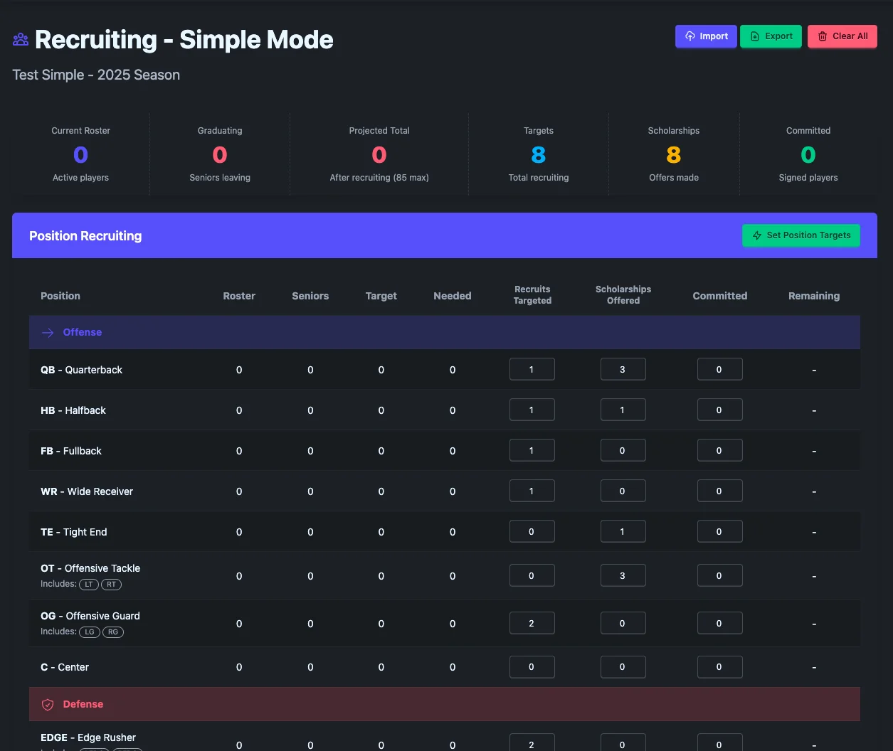 Simple mode showing position targets and basic recruiting needs